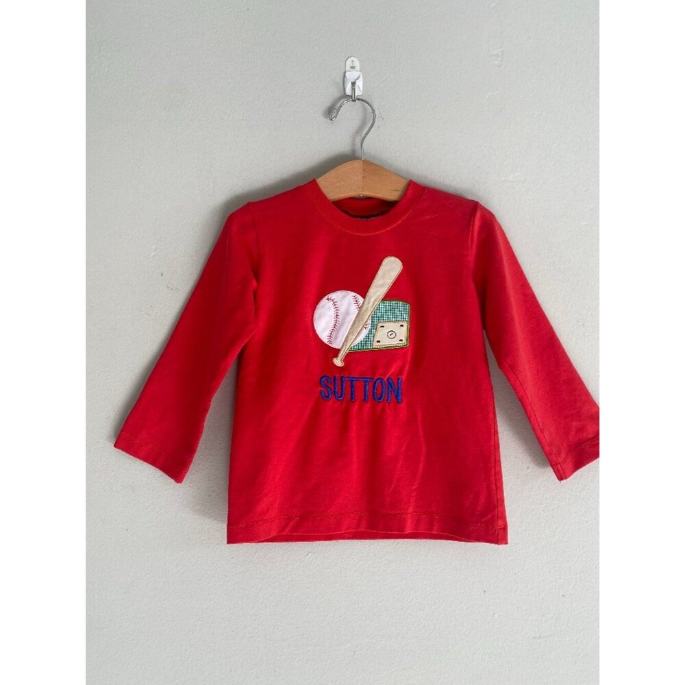 Red Long-Sleeve Embroidered Baseball Tee with Sutton Monogram 2T
